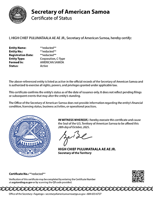 Sample Certificate of Status